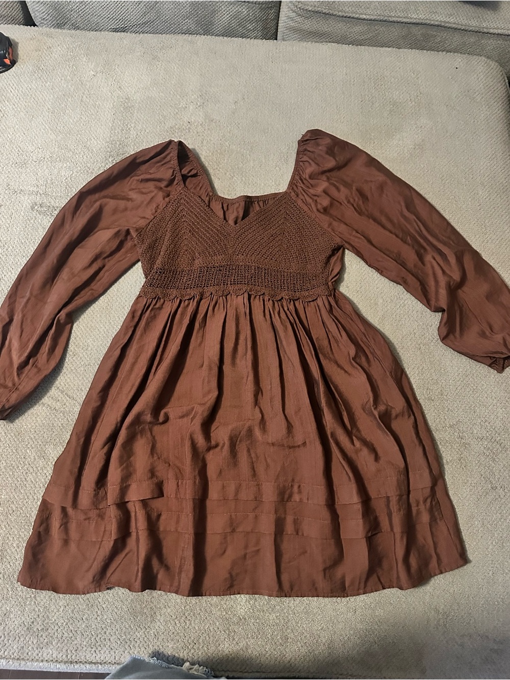 Brown Long-Sleeve Smocked Waist Midi Dress